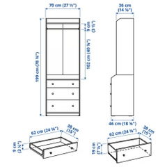 Tủ Quần Áo Mở 3 Ngăn Kéo Màu Trắng, Tủ Gỗ Đứng Phòng Ngủ | Kích thước 70x46x199 Yapi 240
