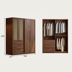Tủ Quần Áo Gỗ MDF Phối Cánh Mây, Kèm Ngăn Kéo Cho Phòng Ngủ 220x60x250cm Yapi-269