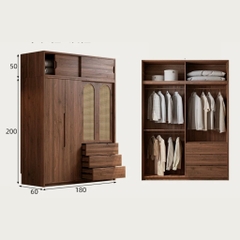 Tủ Quần Áo Gỗ MDF Phối Cánh Mây, Kèm Ngăn Kéo Cho Phòng Ngủ 220x60x250cm Yapi-269