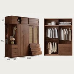 Tủ Quần Áo Gỗ MDF Phối Cánh Mây, Kèm Ngăn Kéo Cho Phòng Ngủ 220x60x250cm Yapi-269