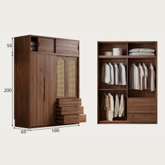 Tủ Quần Áo Gỗ MDF Phối Cánh Mây, Kèm Ngăn Kéo Cho Phòng Ngủ 220x60x250cm Yapi-269