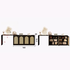 Bàn Trang Điểm Chữ L Phối Cánh Mây Kết Hợp Tủ Trang Trí 160x40x90cm, Yapi-810