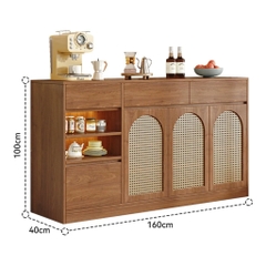 Tủ Đựng Bát Đĩa Cánh Mây Kèm Ngăn Kéo, Hộc Tủ Trưng Bày 160x40x100cm, Yapi-TB005