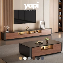 Combo Bàn Trà Và Kệ TV Bo Cong Có Đèn LED Hiện Đại Cho Phòng Khách 160x37x30cm Yapi-706