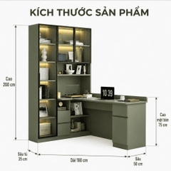 Bàn Làm Việc Kèm Kệ Sách Cánh Kính Đa Năng Có Đèn LED 180x50x200cm Yapi-XBH002