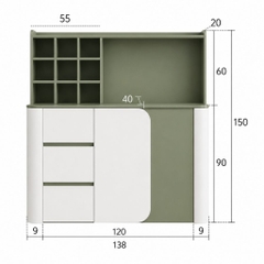 Tủ Bếp Đa Năng Tích Hợp Kệ Trang Trí Ly Cốc Hiện Đại Màu Xanh Lá 138x40x150cm Yapi-XTB003