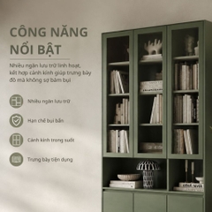 Tủ Sách Cánh Kính Kết Hợp Kệ Trang Trí Và Ngăn Tủ Lưu Trữ, Màu Xanh Lá 120x35x230cm Yapi-XKS003