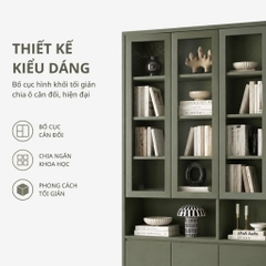 Tủ Sách Cánh Kính Kết Hợp Kệ Trang Trí Và Ngăn Tủ Lưu Trữ, Màu Xanh Lá 120x35x230cm Yapi-XKS003