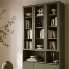 Tủ Sách Cánh Kính Kết Hợp Kệ Trang Trí Và Ngăn Tủ Lưu Trữ, Màu Xanh Lá 120x35x230cm Yapi-XKS003