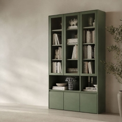 Tủ Sách Cánh Kính Kết Hợp Kệ Trang Trí Và Ngăn Tủ Lưu Trữ, Màu Xanh Lá 120x35x230cm Yapi-XKS003