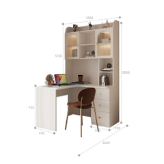 Bàn Học, Làm Việc Góc Chữ L Tích Hợp Giá Sách Đèn LED Kính Sóng 160x55x200cm Yapi-437
