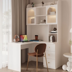 Bàn Học, Làm Việc Góc Chữ L Tích Hợp Giá Sách Đèn LED Kính Sóng 160x55x200cm Yapi-437