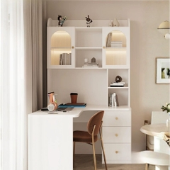 Bàn Học, Làm Việc Góc Chữ L Tích Hợp Giá Sách Đèn LED Kính Sóng 160x55x200cm Yapi-437