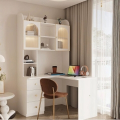 Bàn Học, Làm Việc Góc Chữ L Tích Hợp Giá Sách Đèn LED Kính Sóng 160x55x200cm Yapi-437
