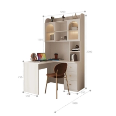 Bàn Học, Làm Việc Góc Chữ L Tích Hợp Giá Sách Đèn LED Kính Sóng 160x55x200cm Yapi-437