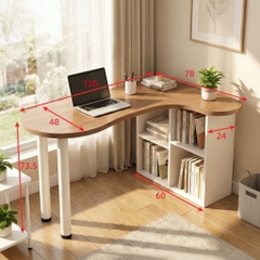 Bàn Làm Việc Góc Chữ L Bo Cong Hiện Đại Tích Hợp Kệ Sách 160x78x73.5cm Yapi-440