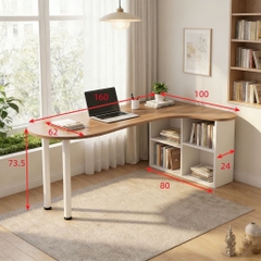 Bàn Làm Việc Góc Chữ L Bo Cong Hiện Đại Tích Hợp Kệ Sách 160x78x73.5cm Yapi-440