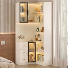 Kệ Sách Trang Trí Chữ L Đa Năng Cánh Kính Tích Hợp Đèn LED Hiện Đại 60+60x30x200cm Yapi-192