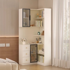 Kệ Sách Trang Trí Chữ L Đa Năng Cánh Kính Tích Hợp Đèn LED Hiện Đại 60+60x30x200cm Yapi-192