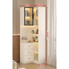 Kệ Sách Trang Trí Chữ L Đa Năng Cánh Kính Tích Hợp Đèn LED Hiện Đại 60+60x30x200cm Yapi-192