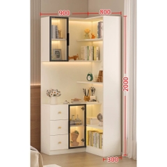 Kệ Sách Trang Trí Chữ L Đa Năng Cánh Kính Tích Hợp Đèn LED Hiện Đại 60+60x30x200cm Yapi-192