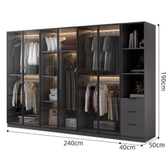 Tủ Quần Áo Cửa Kính Và Tủ Phụ Hiện Đại Bằng Gỗ MDF Chống Ẩm Cho Phòng Ngủ 240x50x190 Yapi-249A