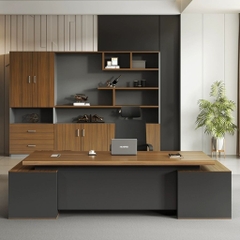 Bàn Làm Việc Giám Đốc Vân Gỗ Phối Đen Nhám, Có Ngăn Kéo Và Tủ Lưu Trữ Hiện Đại 180x40x75cm Yapi-BLD004