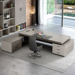 Bàn Làm Việc Giám Đốc Gỗ MDF Xám Trắng Viền Kim Loại, Nội Thất Văn Phòng 200x80x75cm Yapi-BLD005