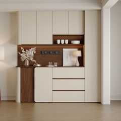 Tủ Bếp Cạnh Bo Tròn Mềm Mại Màu Trắng Nâu, Có Ngăn Kéo 200x42x230 Yapi-TB003