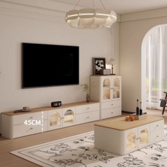 Combo Kệ Tivi, Tủ Đứng Và Bàn Trà Cánh Kính Sóng Thanh Lịch 200x35x45cm Yapi-923