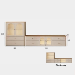 Combo Kệ Tivi, Tủ Đứng Và Bàn Trà Cánh Kính Sóng Thanh Lịch 200x35x45cm Yapi-923