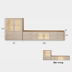 Combo Kệ Tivi, Tủ Đứng Và Bàn Trà Cánh Kính Sóng Thanh Lịch 200x35x45cm Yapi-923
