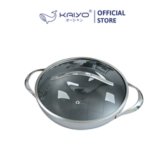 Chảo inox chống dính hoa văn nổi thân đáy liền Kaiyo, sâu lòng, 2 tay cầm, vung kính, size 28cm [KNW-6780]