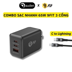 Combo sạc nhanh 9Fit Power Delivery 65W 1A2C kèm Cáp USB-C to Lightning hỗ trợ công nghệ GaN, PD màu đen