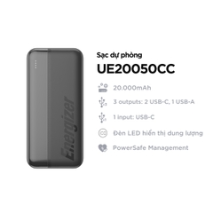 Sạc dự phòng Energizer 20,000mAh sạc 3 thiết bị - UE20050CCBK