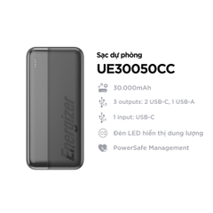 Sạc dự phòng Energizer 30000mAh 15W, sạc đa cổng UE30050CC, bảo hành 1 đổi 1 - Hàng chính hãng
