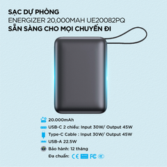 Sạc dự phòng Energizer 20,000mAh /3.85V Li-Polymer - UE20082PQBK