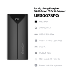 Sạc dự phòng Energizer 30,000mAh /37V Li-Polymer - UE30016PQ/UE30055PQ - Hàng Chính Hãng