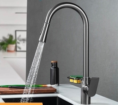 Vòi Chậu Bếp, Vòi Nóng Lạnh Cắm Chậu Rửa Bát, Chất Liệu Đồng Mạ Ghi Xám, Có Rỏ Đựng Treo Thân Vòi