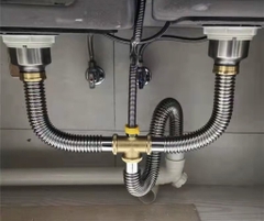 Bộ Xi Phông Đôi Inox 201, Tê Đồng, Lắp Chậu Rửa Bát 2 Hố, Ống Thoái Chun Chất Liệu Inox Bền, Thoát Nước Nhanh, Chống Hôi, Dài 60p