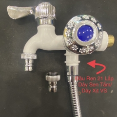 Vòi Nhựa Trắng, Tay Vặn Mạ Crom, Hai Đầu Vòi, Chân Ren Mạ Đồng Size 21, Lắp Dây MG/Dây Xịt