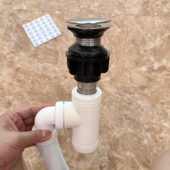 Xi Phông Nhấn, Lắp Chậu Bàn Đá, Chậu Kính, Đầu Inox 304 Bóng, Đuôi Chun PVC Trắng