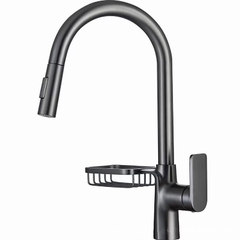 Vòi Chậu Bếp, Vòi Nóng Lạnh Cắm Chậu Rửa Bát, Chất Liệu Đồng Mạ Ghi Xám, Có Rỏ Đựng Treo Thân Vòi