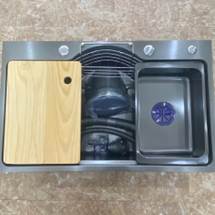Chậu Rửa Bát, 1 To Hố, Inox 304 Mạ Nano Đen Chống Xước, Kèm Chậu Inox+Thớt Gỗ+Xi Phông, KT D75xR46xC23