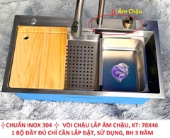 Chậu Rửa Bát 1 Hố To, Inox Chuẩn 304, KT 78x46, Kèm Vòi Chậu Thác và 2 Chậu Inox Nhỏ, Vòi Âm Chậu