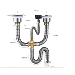 Bộ Xi Phông Đôi Inox 201, Tê Đồng, Lắp Chậu Rửa Bát 2 Hố, Ống Thoái Chun Chất Liệu Inox Bền, Thoát Nước Nhanh, Chống Hôi, Dài 60p