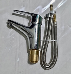 Vòi Chậu Nóng Lạnh 1 Lỗ, Kèm 2 Dây Cấp, Thân Tròn, Chất Liệu Đồng Mạ Crom
