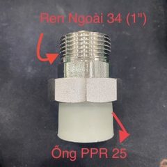 Rắc Co Ren Ngoài 34, Ống PPR 25, Màu Ghi, Chuyên Lắp Trực Tiếp Máy Bơm, Không Cần Lơ Thu 26/20