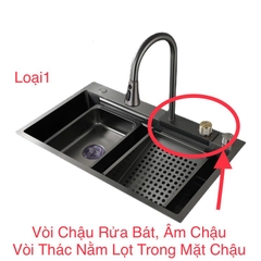Chậu Rửa Bát 1 Hố To, Combo đầy đủ: Vòi Chậu Thác Nước+ Khay Inox Nhỏ + Khay Inox Rửa Rau+ Thớt + Xi Phông Thoát, Mạ Nano 74x46, Chất Liệu Inox 201