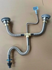 (Loai1) Bộ Xi Phông Đôi Inox 304, Tê Đồng, Lắp Chậu Rửa Bát 2 Hố, Ống Thoái Chun Chất Liệu Inox 304 Bền, Thoát Nước Nhanh, Chống Hôi